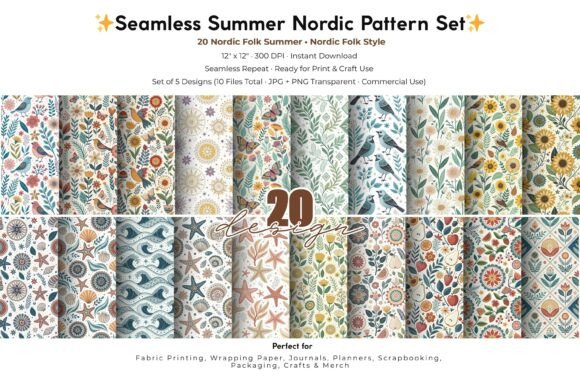 20 Nordic Folk Summer Seamless Patterns