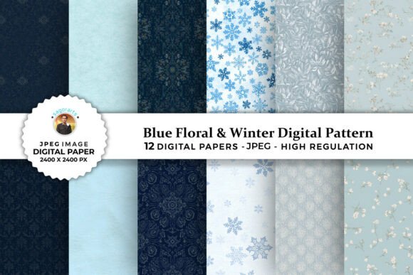 Blue Floral Winter Digital Patterns