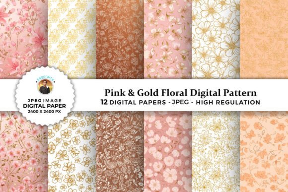 Pink Gold Flowers Digital Patterns