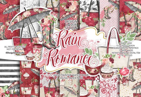 Watercolor Rain Romance Patterns: A Hand-Painted Digital Paper Pack for Autumn and Wedding Designs